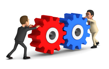 two businessman pushing gears