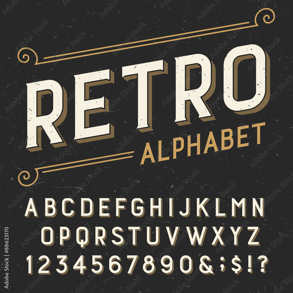 Fototapete retro alphabet vector font. serif type letters, numbers and symbols. on a dark distressed scratched 
