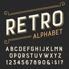 Retro alphabet vector font. Serif type letters, numbers and symbols. on a dark distressed scratched background. Stock vector typography for labels, headlines, posters etc.