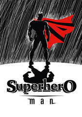 Poster. Superhero in rain: Superhero watching over the city.