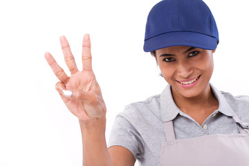 confident female worker raising, pointing up 3 fingers gesture