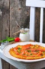 potato pancakes with sour cream and smoked salmon