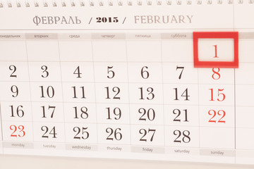 2015 year calendar. February calendar with red mark on 1 Februar