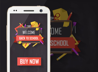 Back to school vector graphic with supplies and blackboard with cellphone