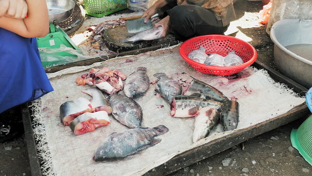 Fish vendor cutting fish for customer at local market