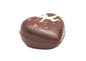 Chocolate heart with cupid isolated on white