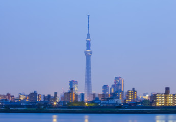 Tokyo city view with Tokyo sky tree and river in evening