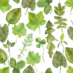 Seamless pattern with watercolor drawing leaves
