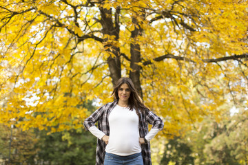 Fototapeta na wymiar Pregnant woman in the autumn park