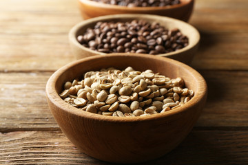 Coffee beans on wooden table, closeup