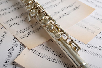 Flute on music notes background