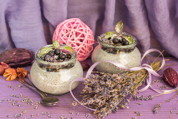 A pudding with Chia seeds, blueberries and lavender