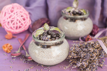 A pudding with Chia seeds, blueberries and lavender