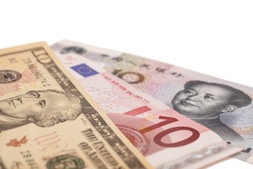 American dollars, European euro and Chinese yuan bills