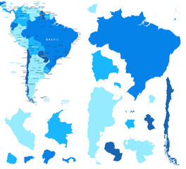 South America map and country contours - Illustration. Vector illustration of South America map.
