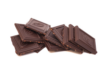 Broken chocolate stack isolated on white background