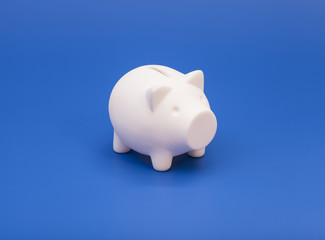 Pink piggy bank on blue background