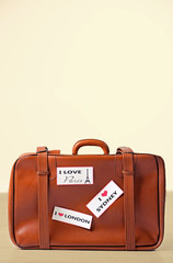 Suitcase with stickers on floor in room