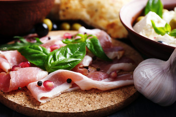 Ingredients of Mediterranean cuisine, on wooden board, close-up