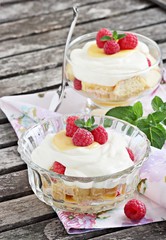 Raspberry trifle with mascarpone cream and lemon curd.Selective focus.
