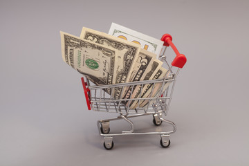 Shopping Cart with dollars isolated on gray