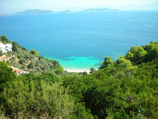 Panoramic view on the transparent cyan waters of the Diamandi beach located on Kanapitsa peninsula, on the Greek island of Skiathos, on a sunny summer day.