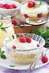 Raspberry trifle with mascarpone cream and lemon curd.Selective focus. 