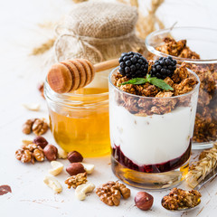 Breakfast - granola, yogurt, berries, nuts, honey, wheat