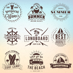 Vintage Hipster Summer Holidays Label or Badge. Vector Design Element on Coloful Summer Background