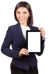 Portrait of young business woman with tablet