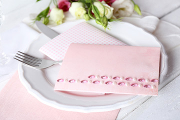 Table setting with spring flowers, close-up