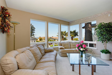 Bright living room with leather sofas, and glass coffee table.