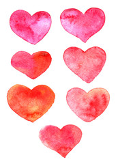 set of hearts painted by watercolor