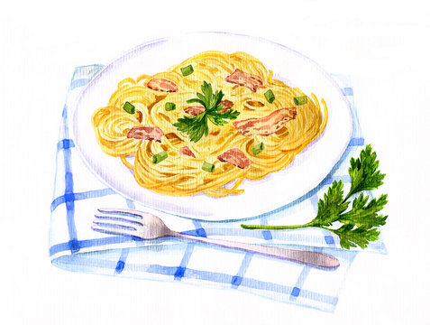 spaghetti carbonara painting by watercolor