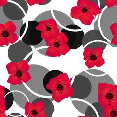 Seamless red flowers pattern with circles background