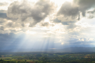 Sunray over lake and mountain in Khao Kho District, Thailand