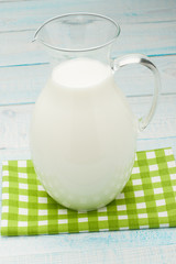 jug of milk on a green checkered tablecloth