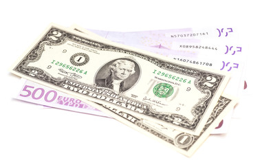 dollar and euro money isolated on white
