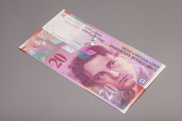 20 Swiss francs, currency of switzerland isolated on gray