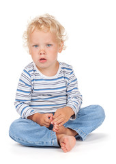 White curly hair and blue eyes baby