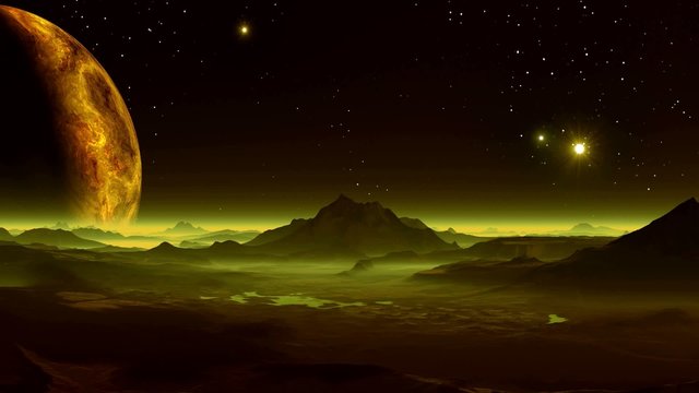 Planet aliens and UFOs. The huge planet rises above the fantastic alien landscape. The hills and lakes covered with yellow mist.