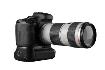 dslr photocamera with professional lense side view isolated