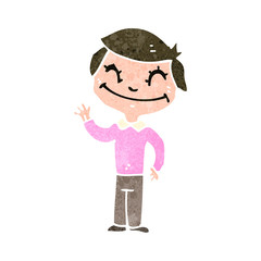 retro cartoon happy boy waving