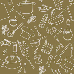 Seamless pattern with hand drawn cookware 