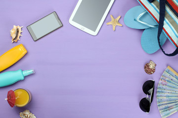 purple background, pad, phone, cocktail, fan, beach flip flops, shell, sunglasses, sunscreen, bag