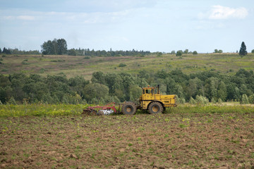 Fototapeta premium Tractor plowing the field. Rural landscape on a summer day