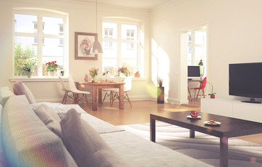Wohnzimmer und Esszimmer mit einem gedeckten Frühstückstisch -