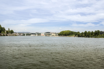 Panoramic fom Douro river tour boat, Porto cityscape, on summer