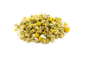 Heap of Loose camomile tea isolated on white background