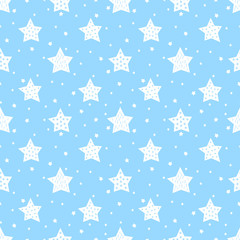 Seamless pattern with cute stars for kids. Baby shower blue vector background. Child drawing style xmas pattern.